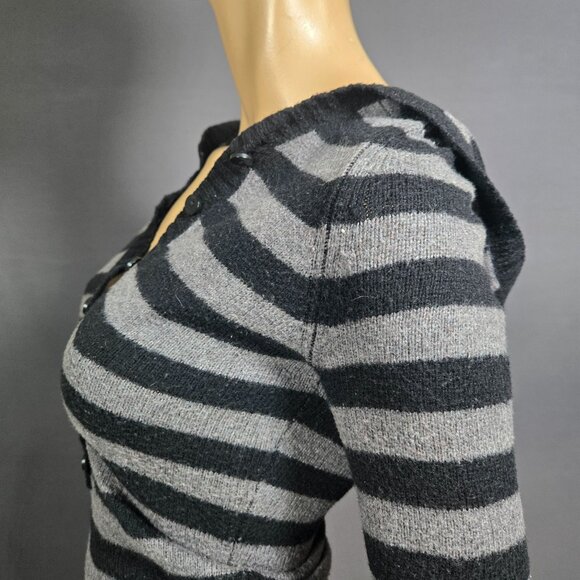Y2K Striped Hooded Skinny Sweater Size S Emo Grunge Gray Black Long Henley - Picture 6 of 9